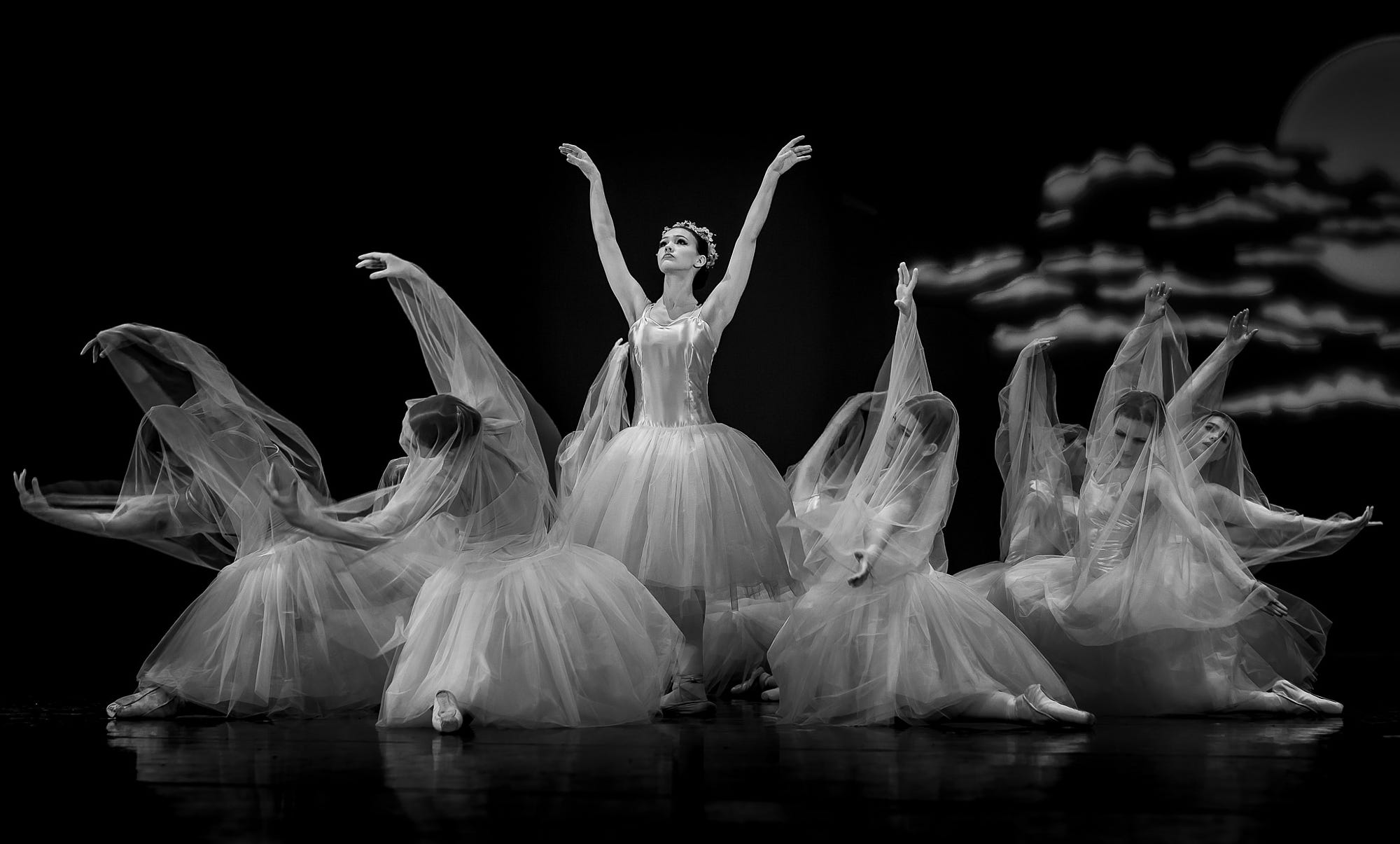 Black-and-white photo of ballet dancers on a stage | Titled: Ballet Scene from Giselle | ©2020 Rick Ohnsman